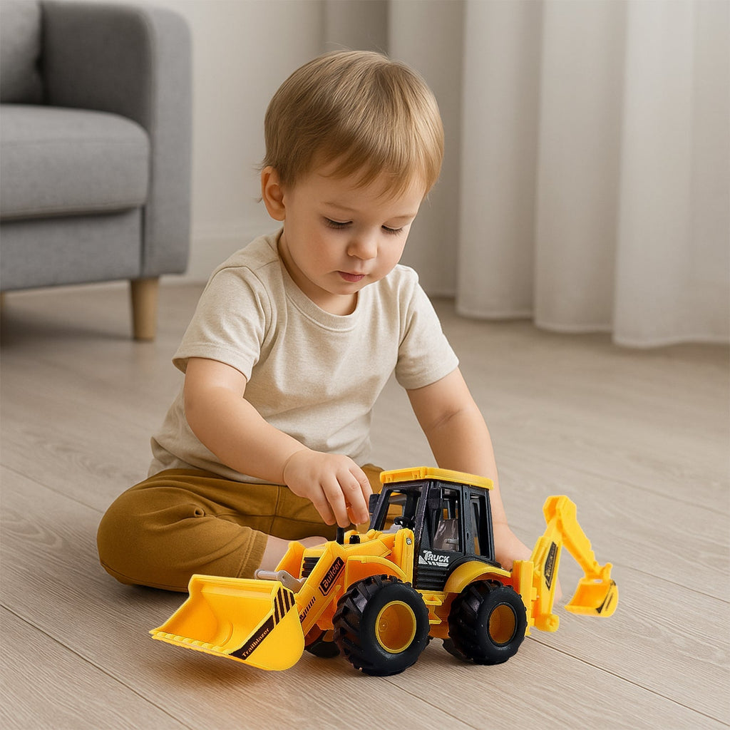 Child playing with friction powered JCB Style Backhoe Loader Toy