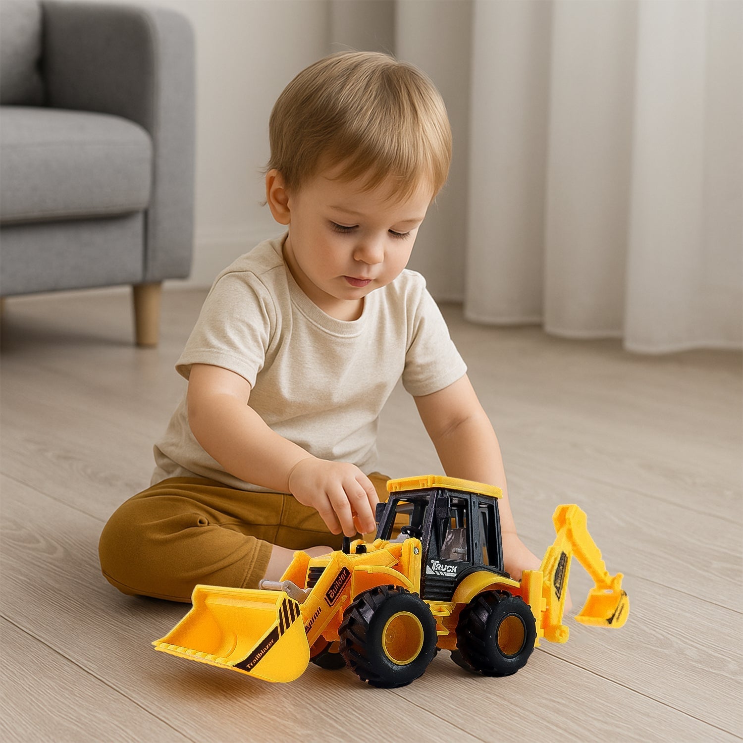 Child playing with friction powered JCB Style Backhoe Loader Toy