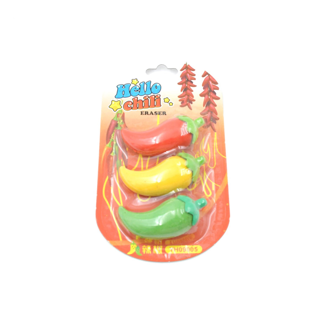 Chili shape erasers on a notebook with pencil, demonstrating their function for school stationery.
