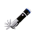 Display of the integrated tools including screwdriver, scissors, and bottle opener.