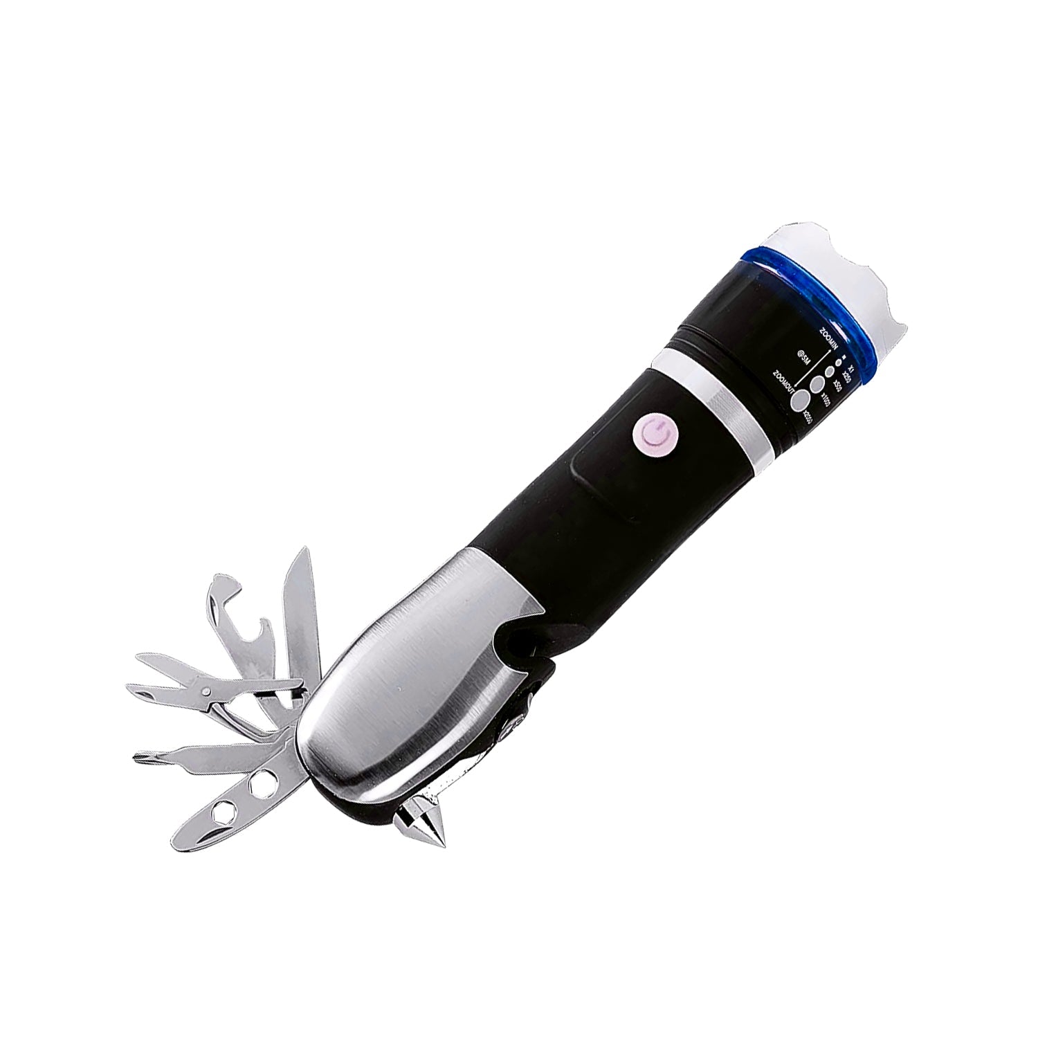 Display of the integrated tools including screwdriver, scissors, and bottle opener.