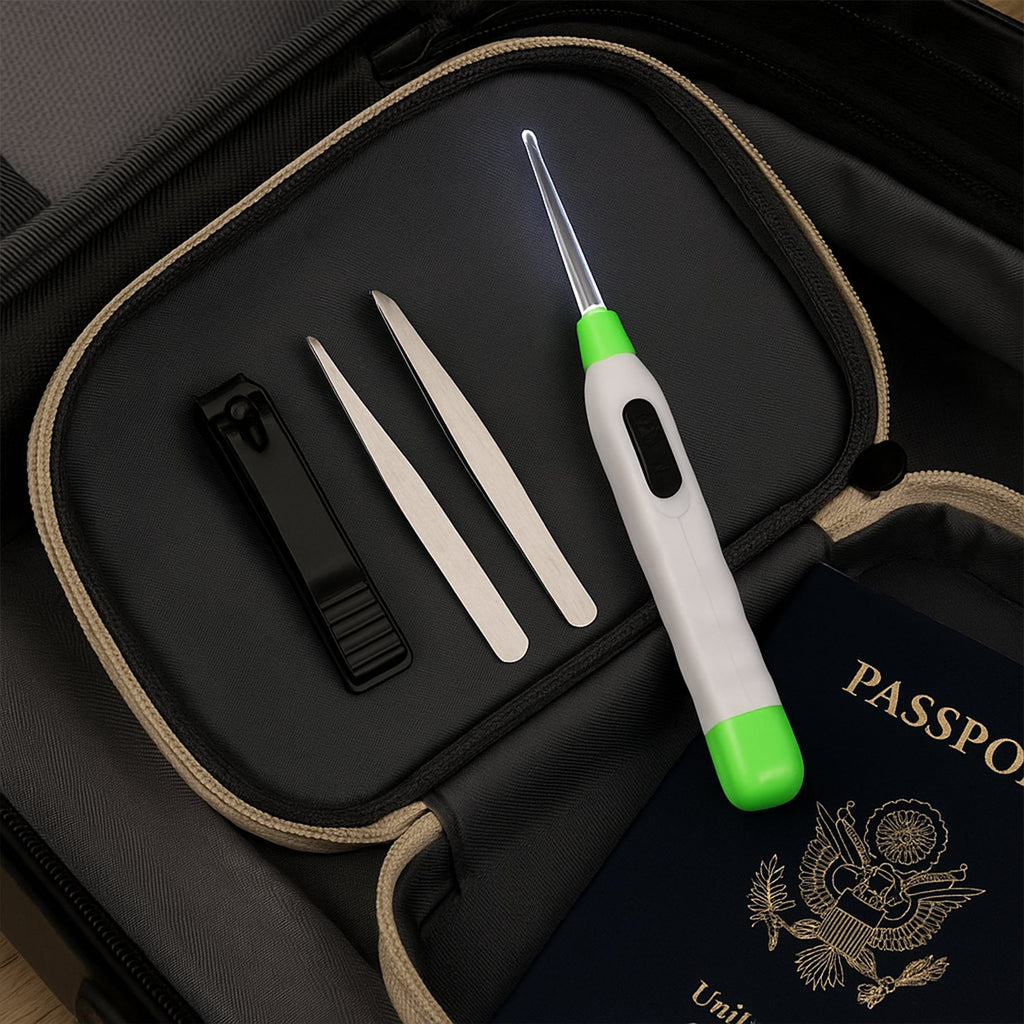 Multipurpose LED earpick showing thick and thin transparent heads