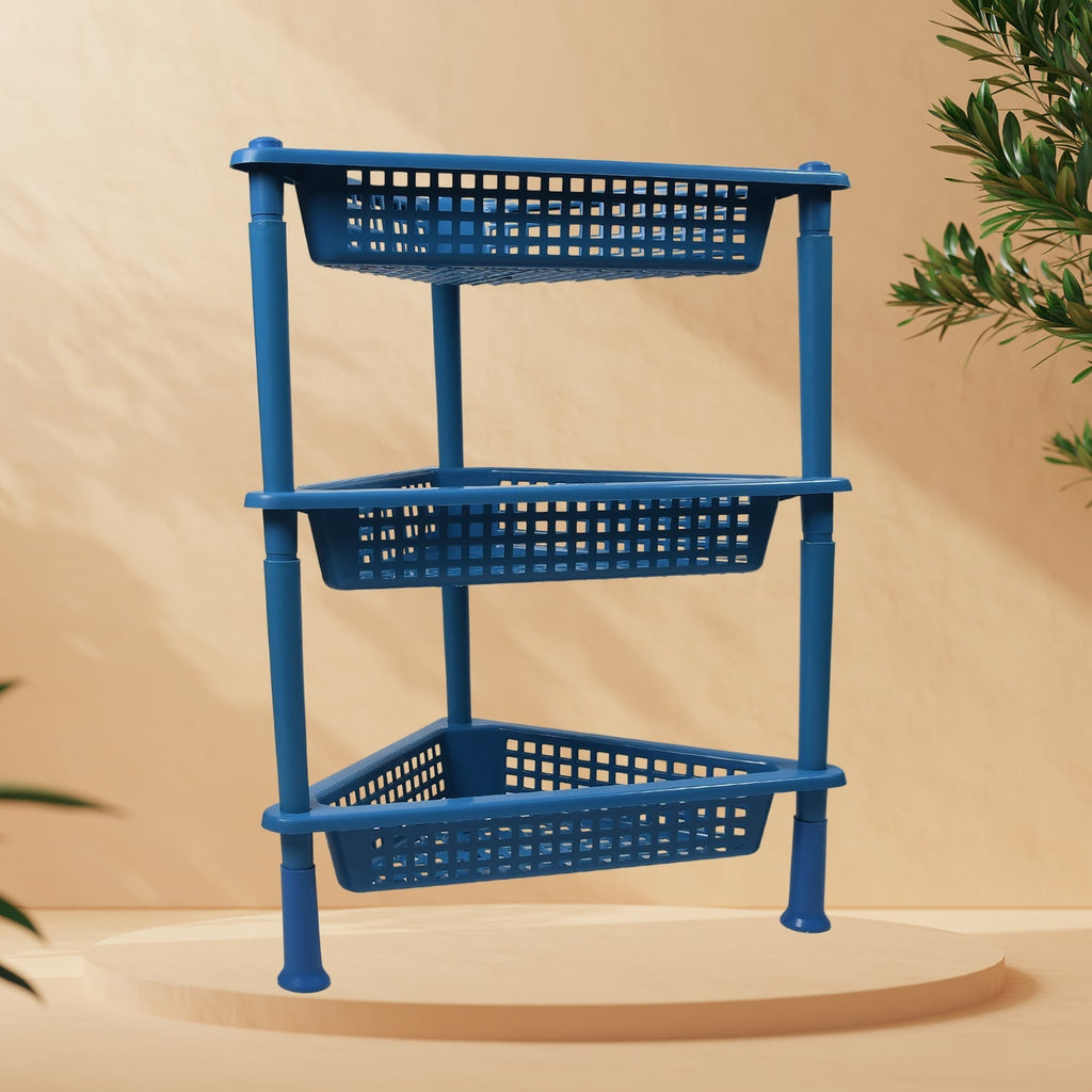 Side view of the space-saving triangular 3-tier plastic storage rack.
