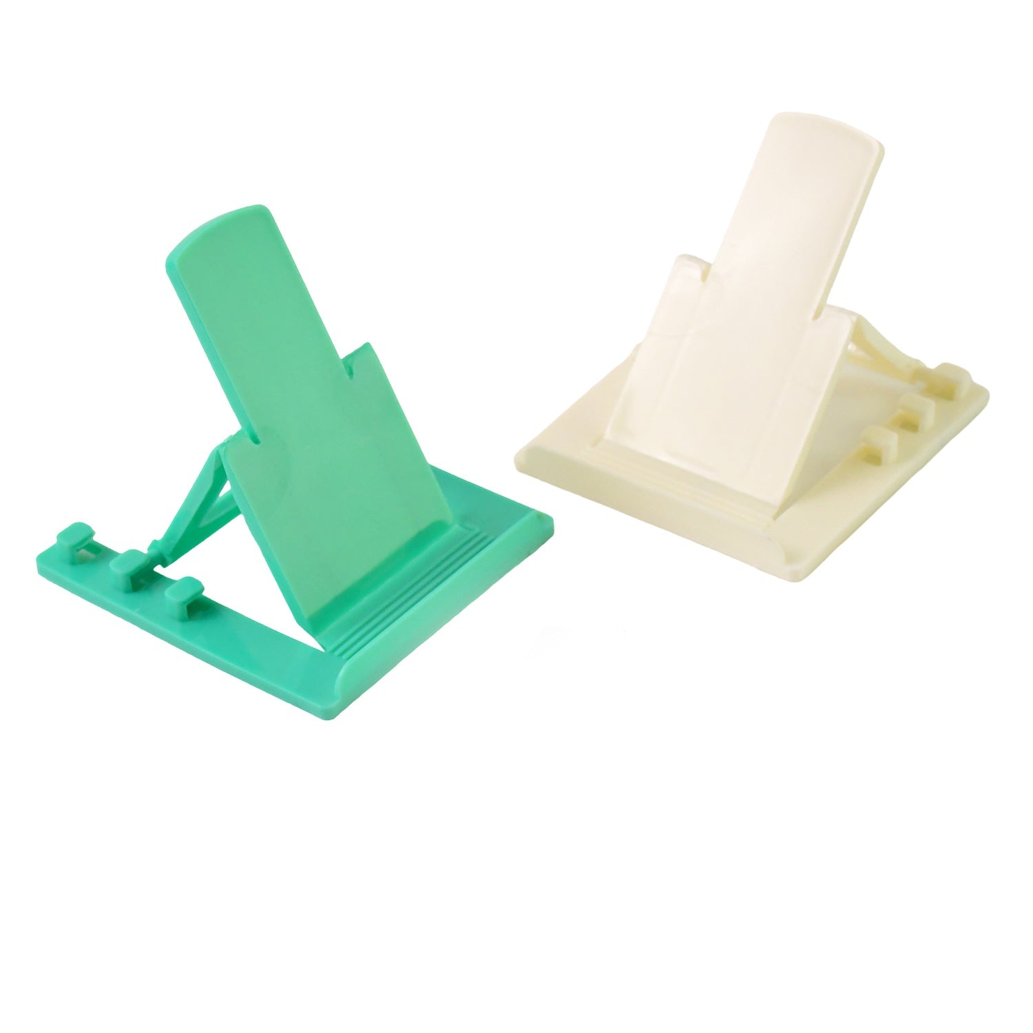 Two-piece set of mobile phone stands shown in vibrant colors