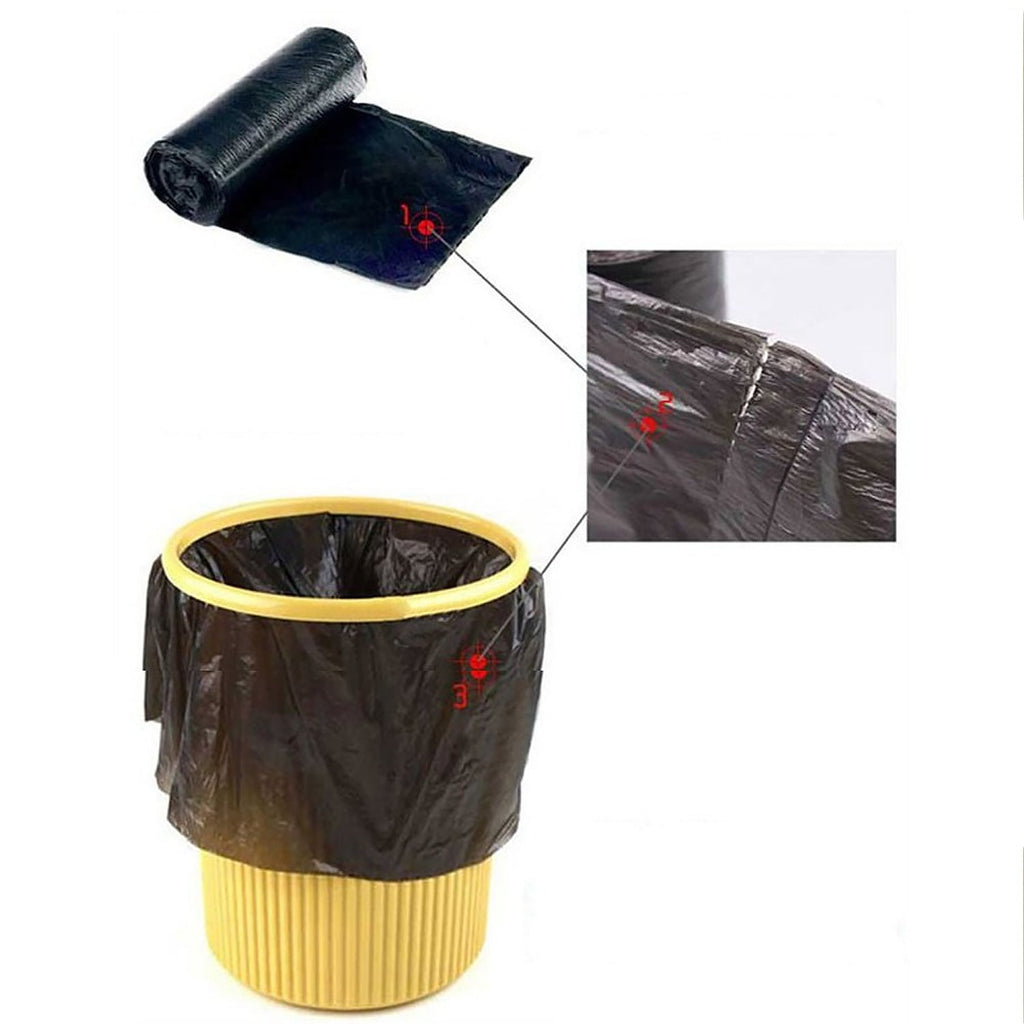 Multiple rolls of black trash bags stacked, indicating a bulk pack for household convenience.