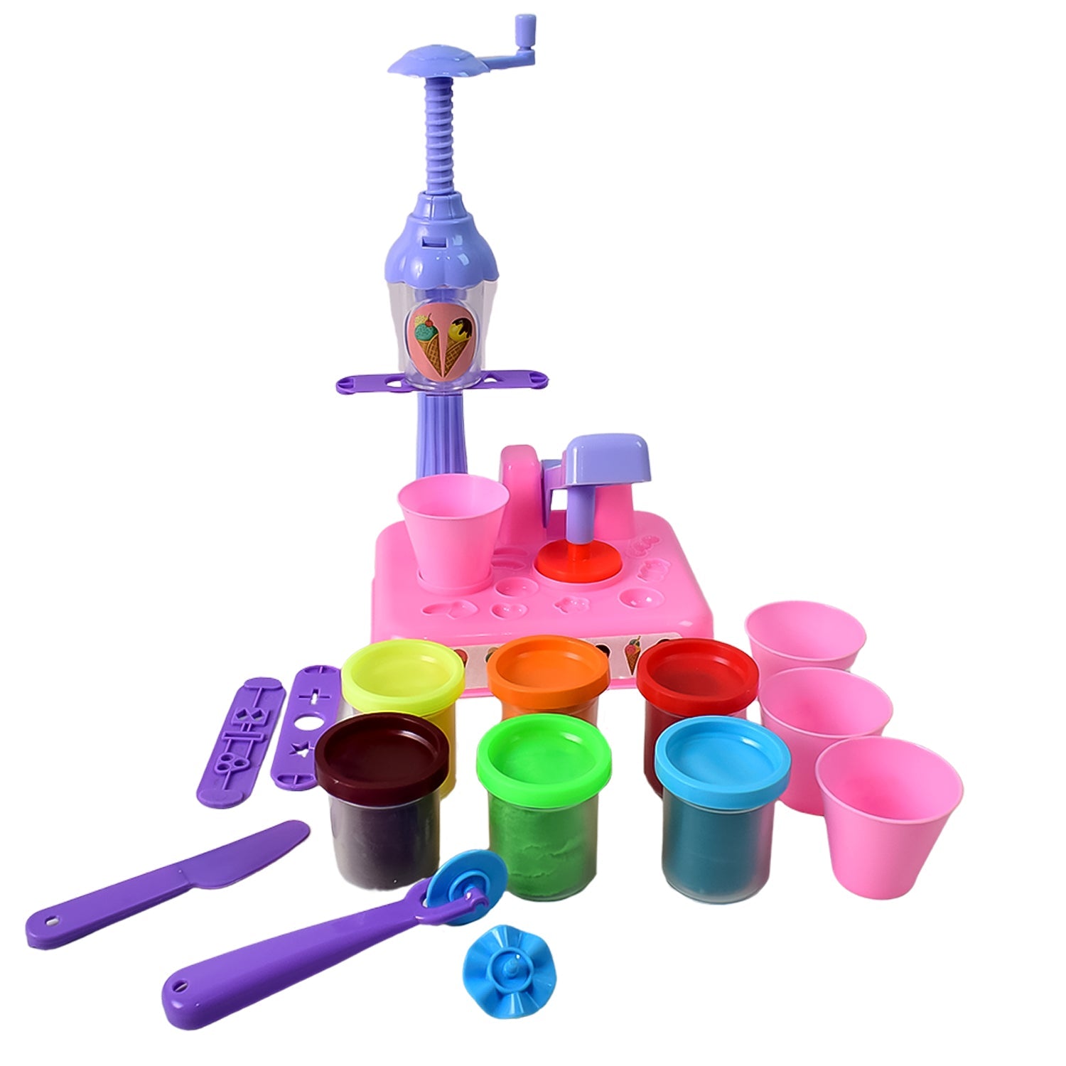 A child operating the ice cream maker machine from the Play Dough Set.
