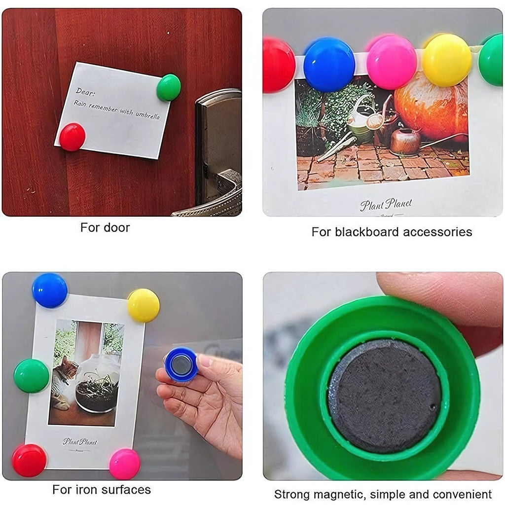 Yellow circular magnets holding multiple papers on office board