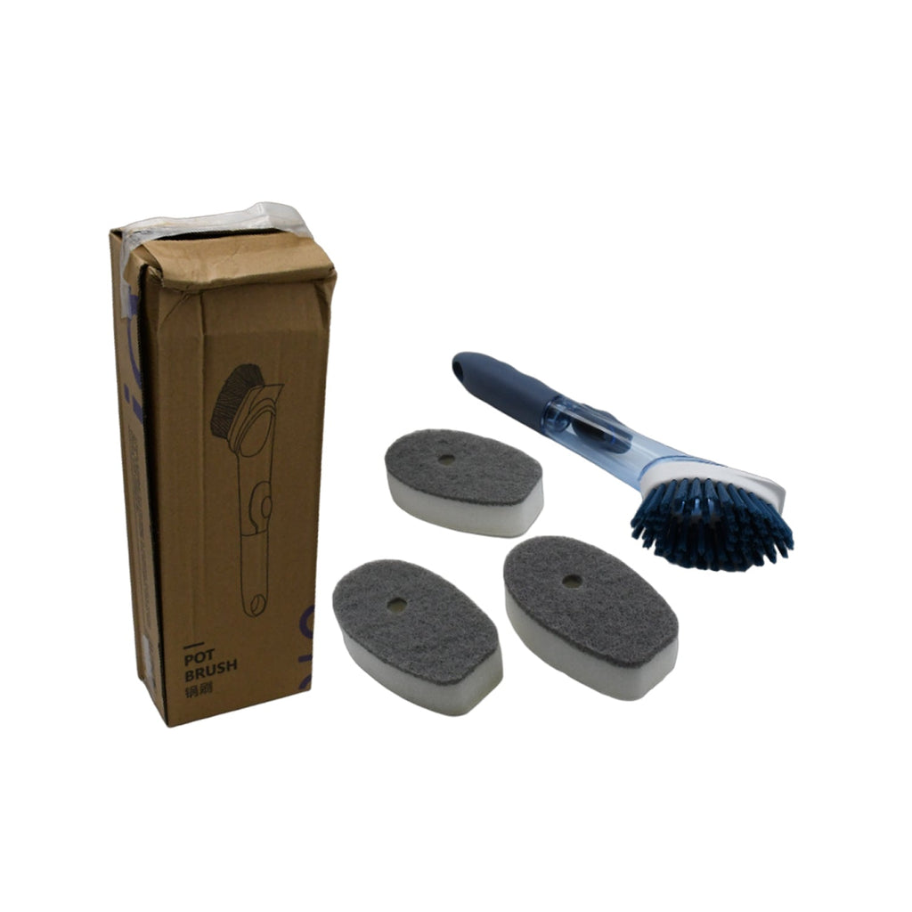 The Soap Dispensing Dish Brush handle with its three distinct refill replacement heads.