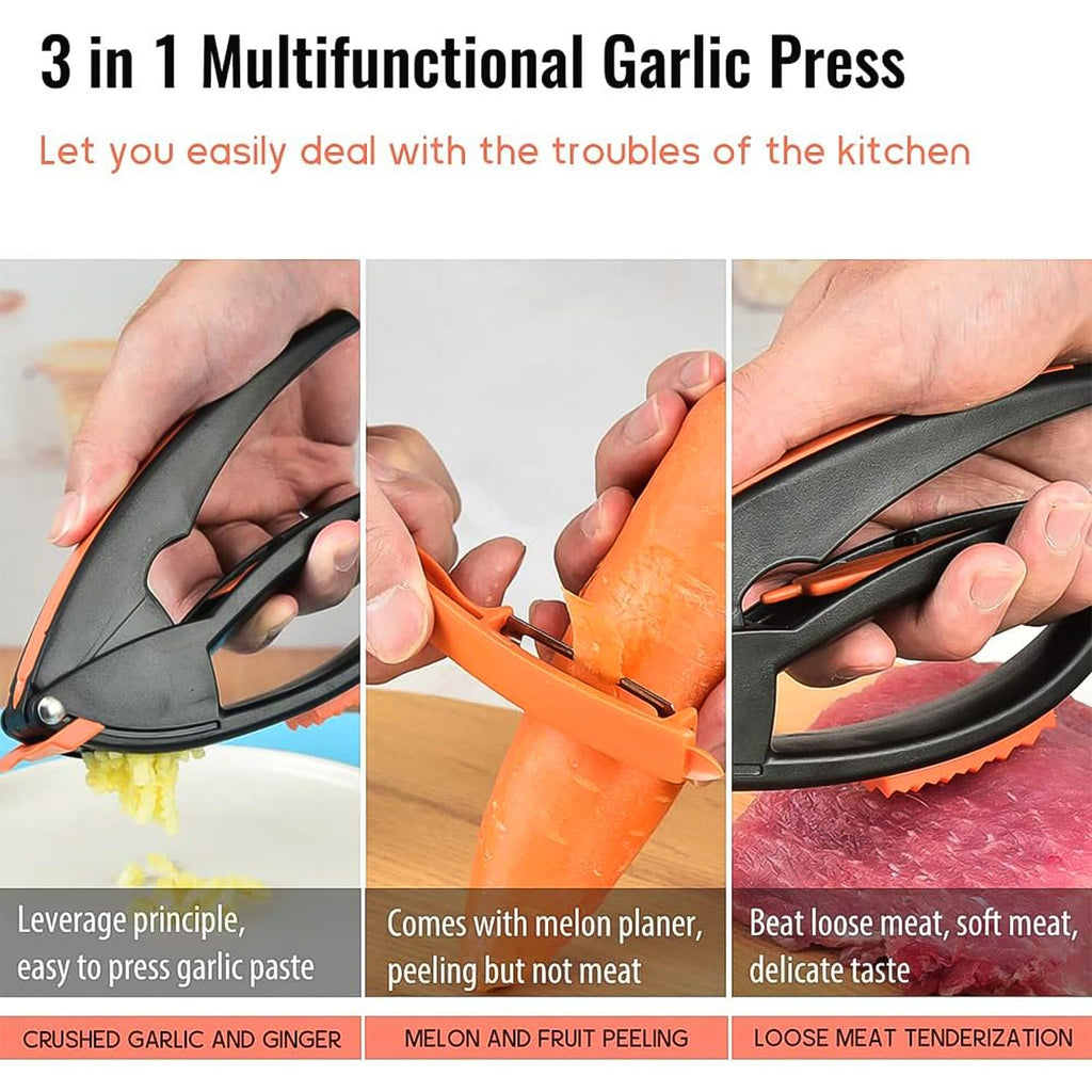 A person demonstrating the easy squeezing action of the ToolMate Pro garlic press.