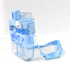 Angled view of the durable plastic kids water bottle with straw.
