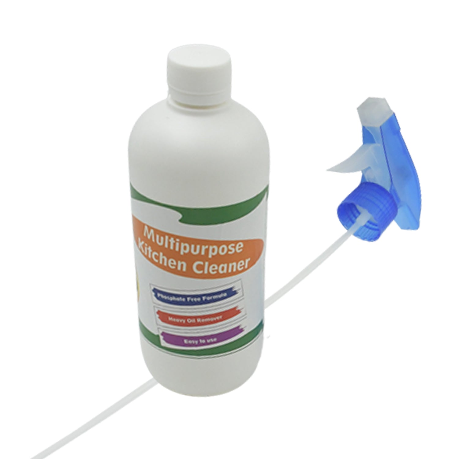 Close-up of CookAura Kitchen Cleaner Spray bottle with clear liquid.