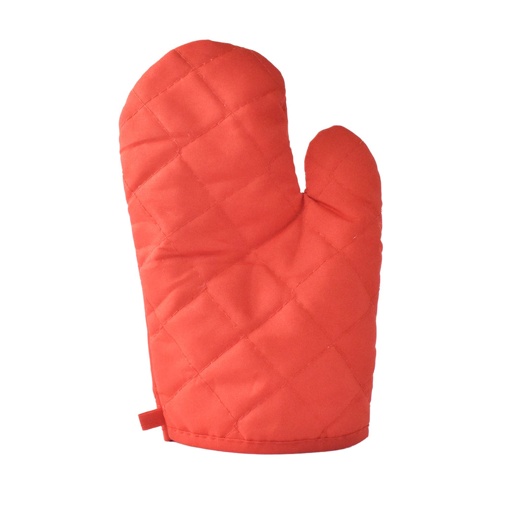 A single oven mitt resting on a kitchen counter, highlighting its practical size.