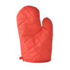 A single oven mitt resting on a kitchen counter, highlighting its practical size.
