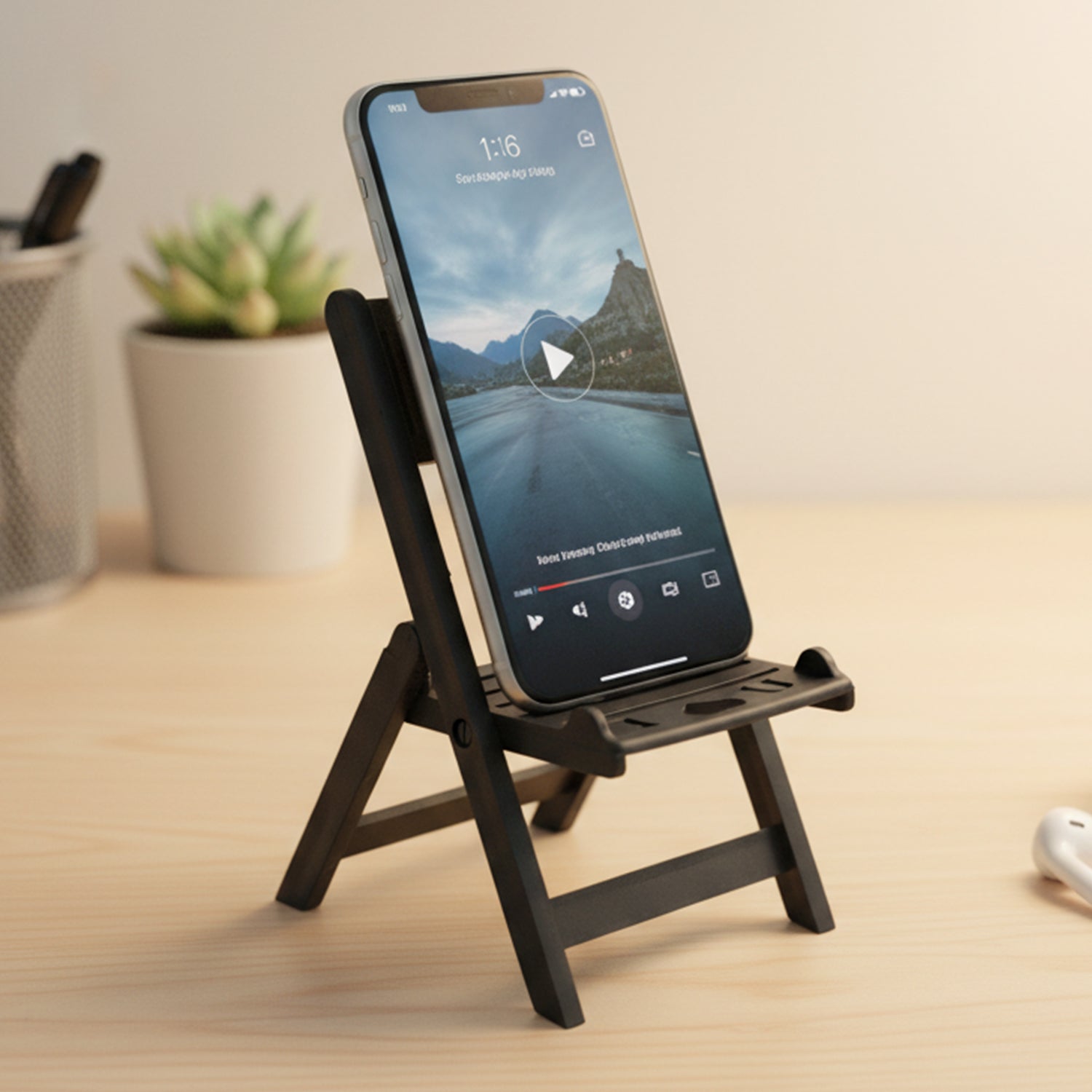 Mini chair shape black mobile stand holding smartphone on table