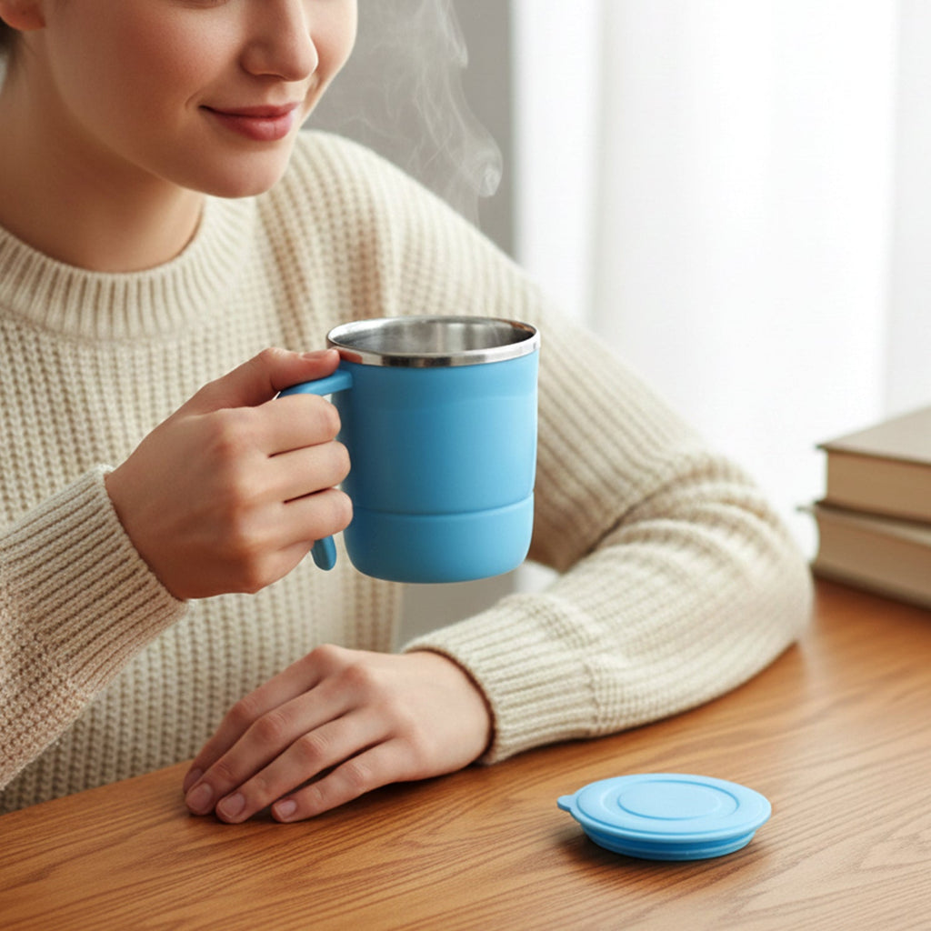 Another angle of the insulated coffee mug, highlighting its comfortable, sweat-proof exterior.