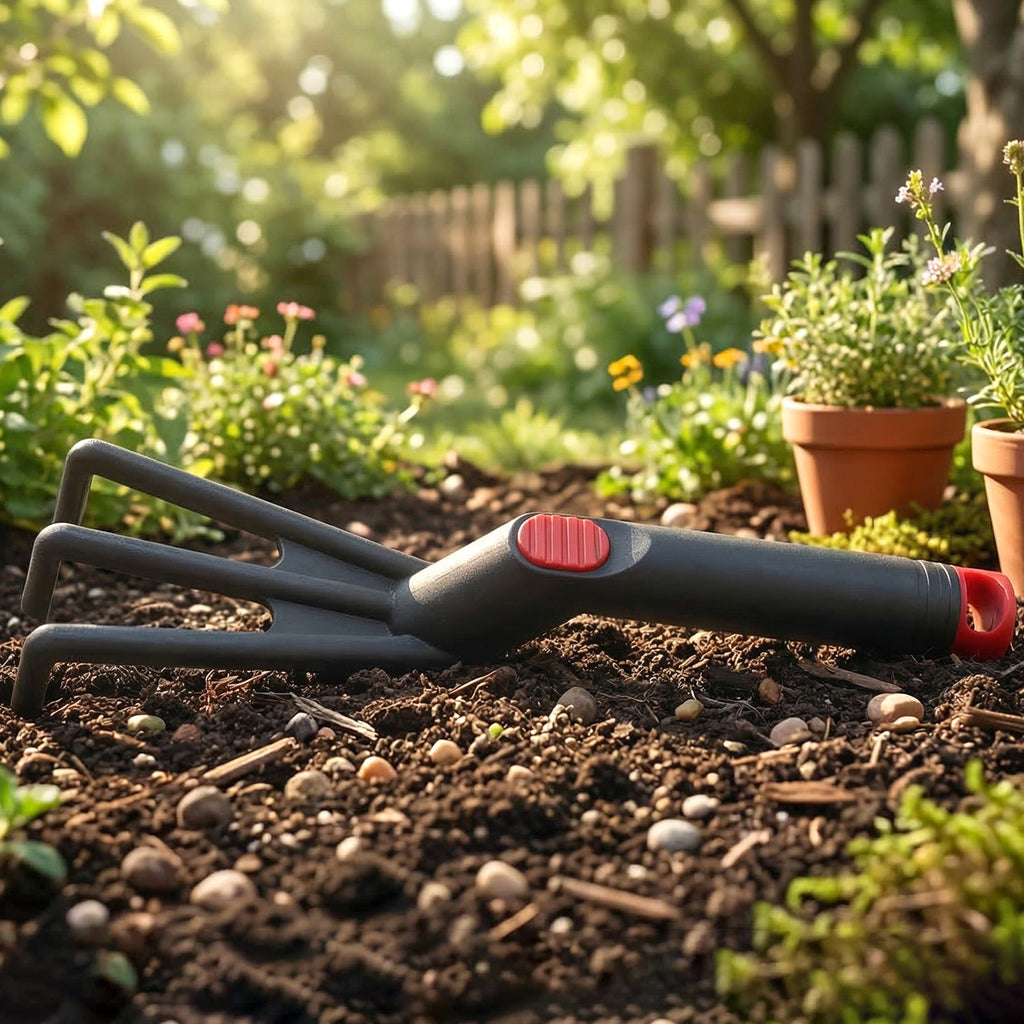 Lightweight plastic hand garden cultivator used in gardening