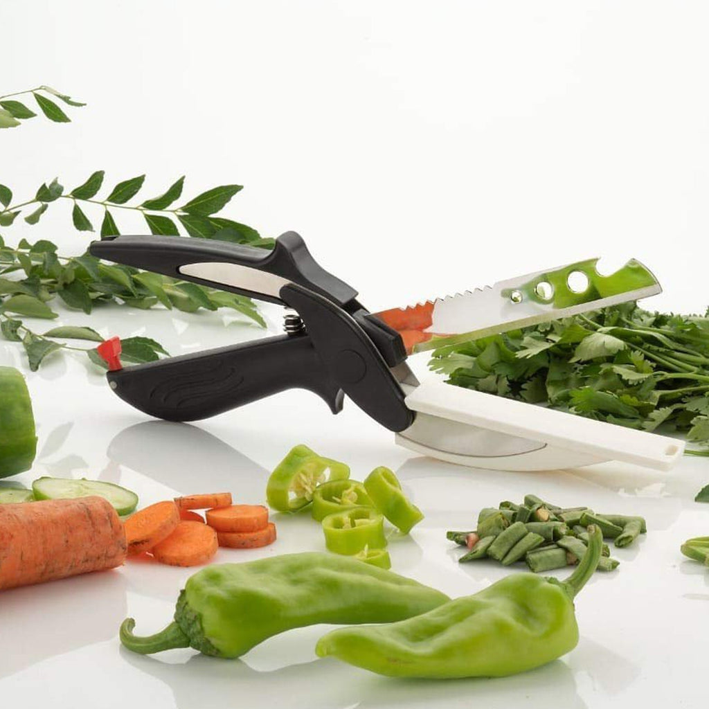 The clever cutter demonstrating its compact and convenient design for kitchen use.