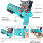 Child aims the airplane shooting toy, ready to launch a foam plane.