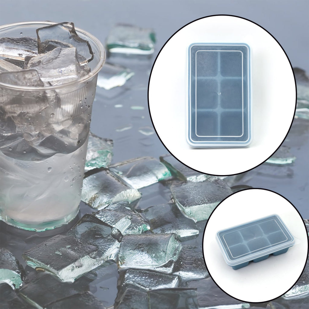 Close-up of a blue silicone ice tray showing its six individual compartments.
