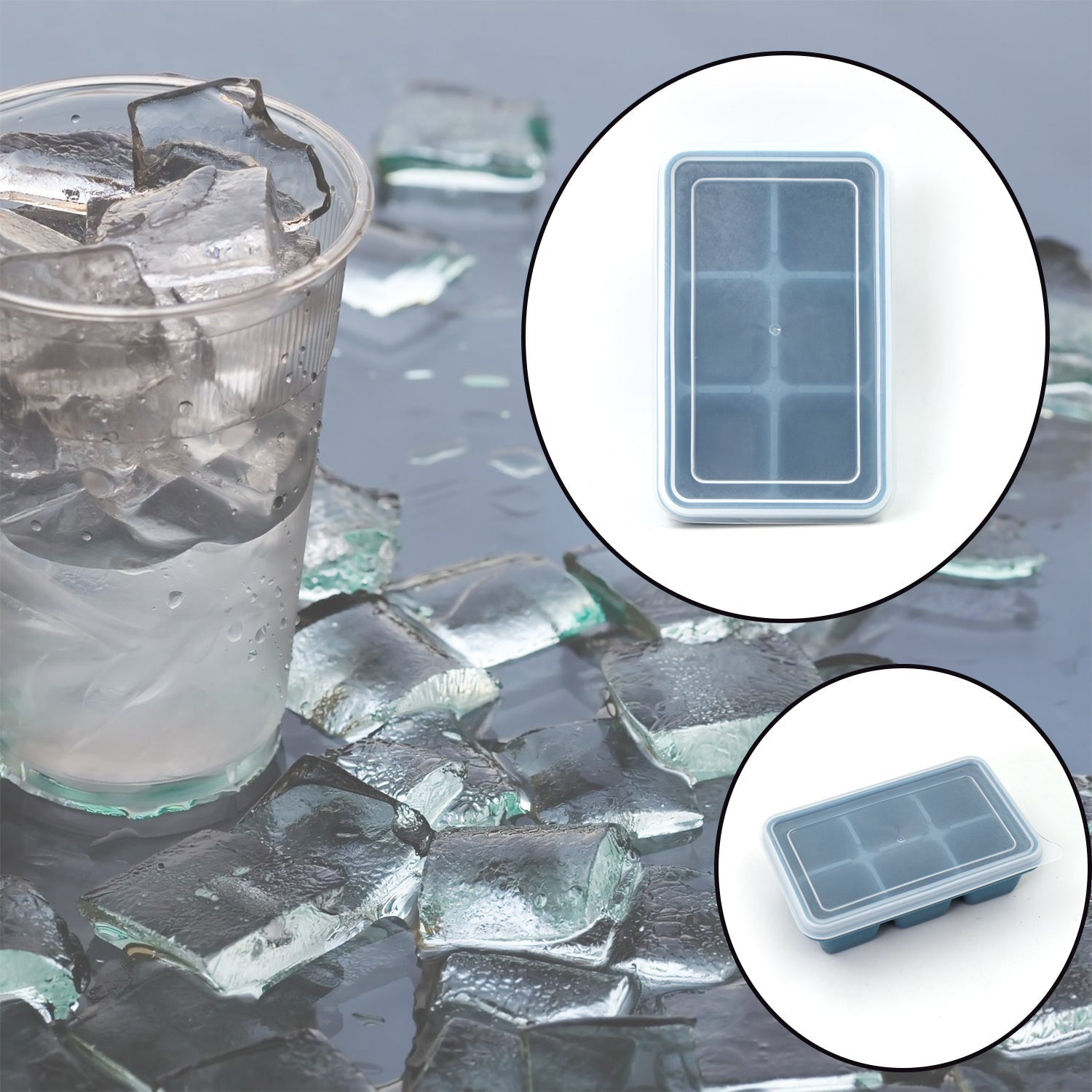 Close-up of a blue silicone ice tray showing its six individual compartments.