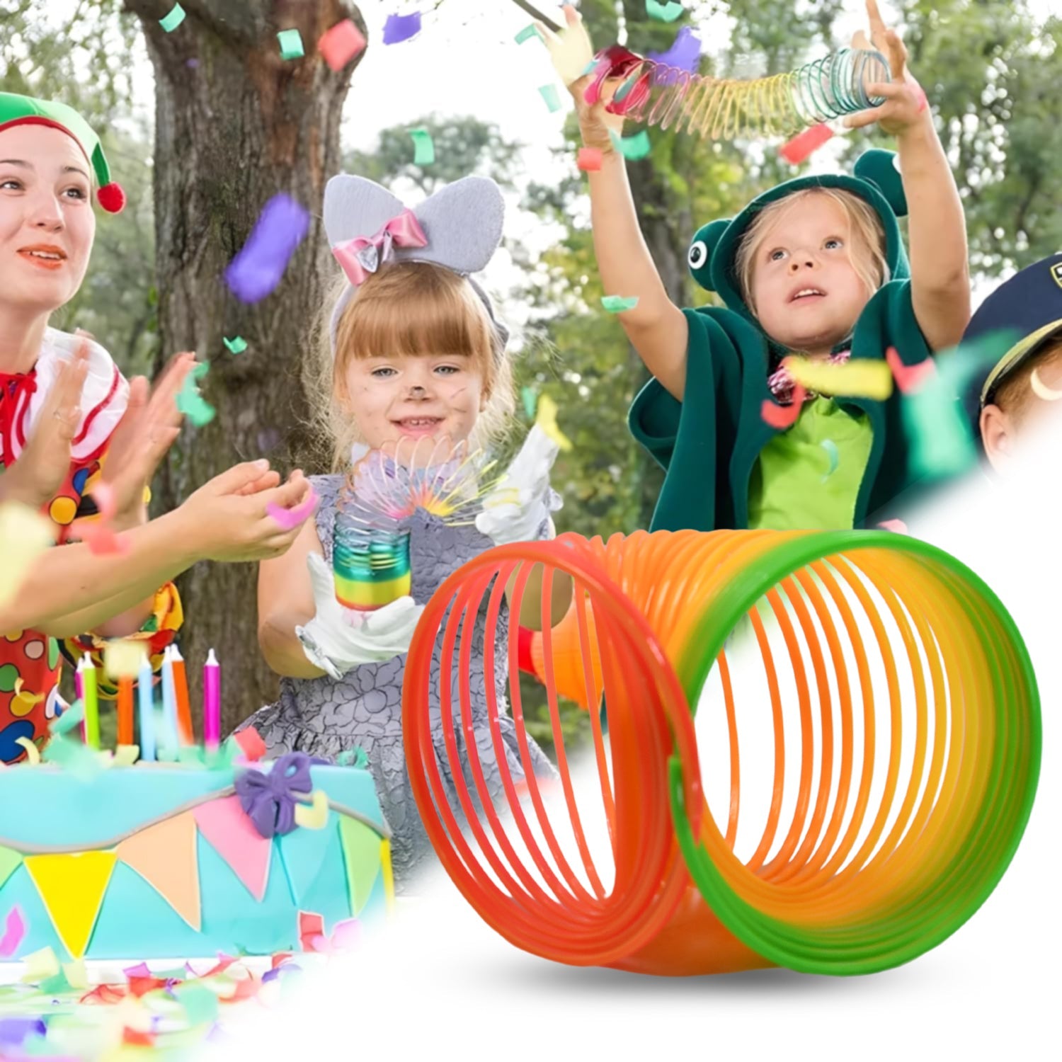 Another view of the Rainbow Slinky Toy coiled, highlighting its compact and colourful design.
