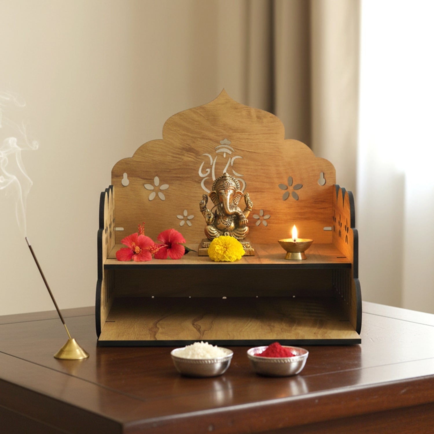 Decorative wooden pooja ghar ideal for spiritual décor and festivals