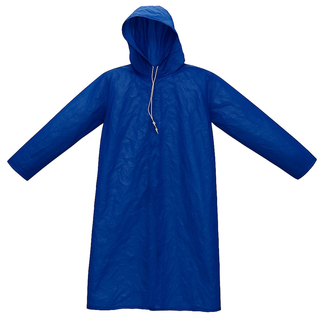 Men's blue rain jacket featuring waterproof PVC material and adjustable hood
