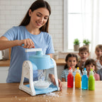 Close-up of blue manual ice gola cone maker machine for crushed ice desserts