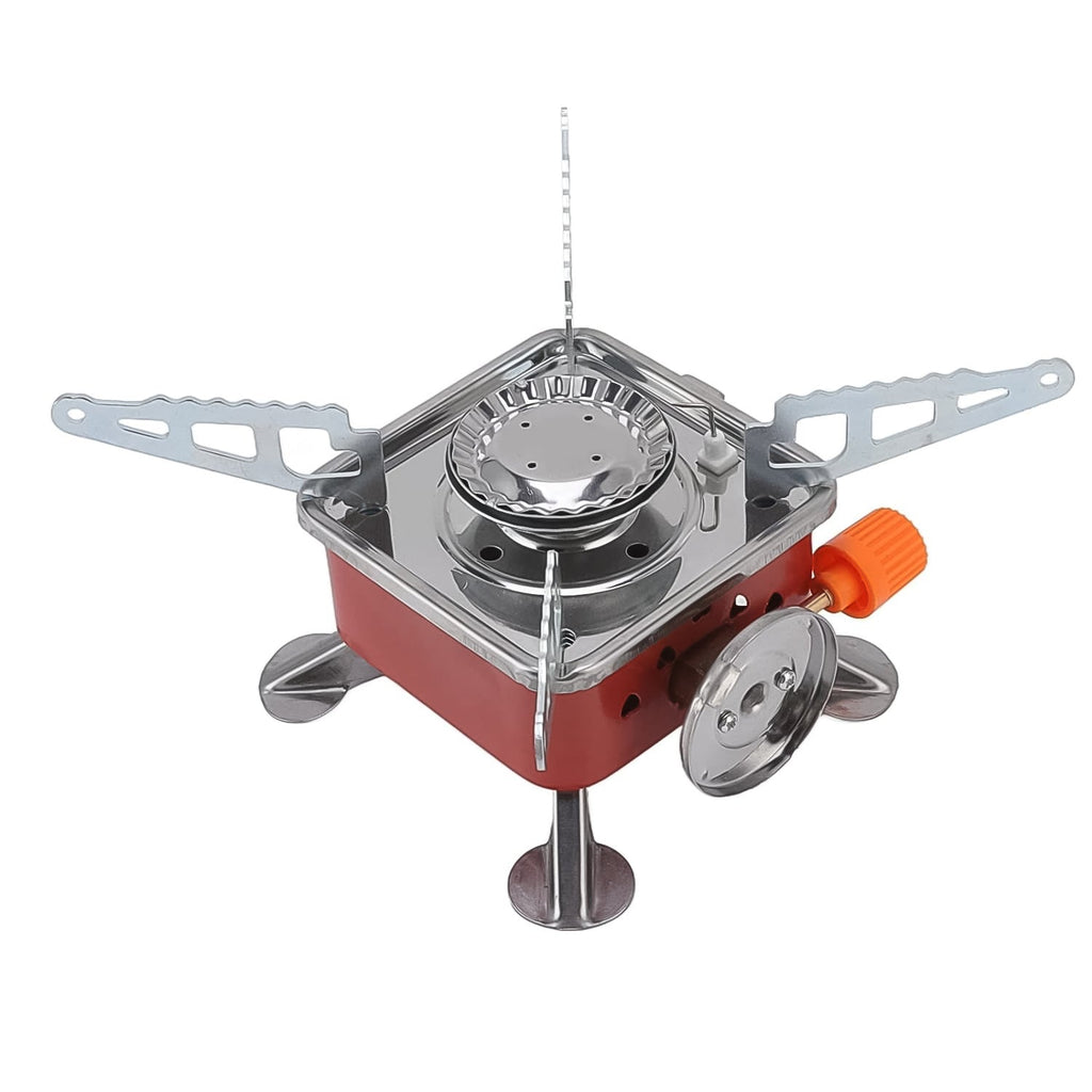 Close-up of the Mini Camping Stove's gas burner and control knob, showing its precise flame adjustment.
