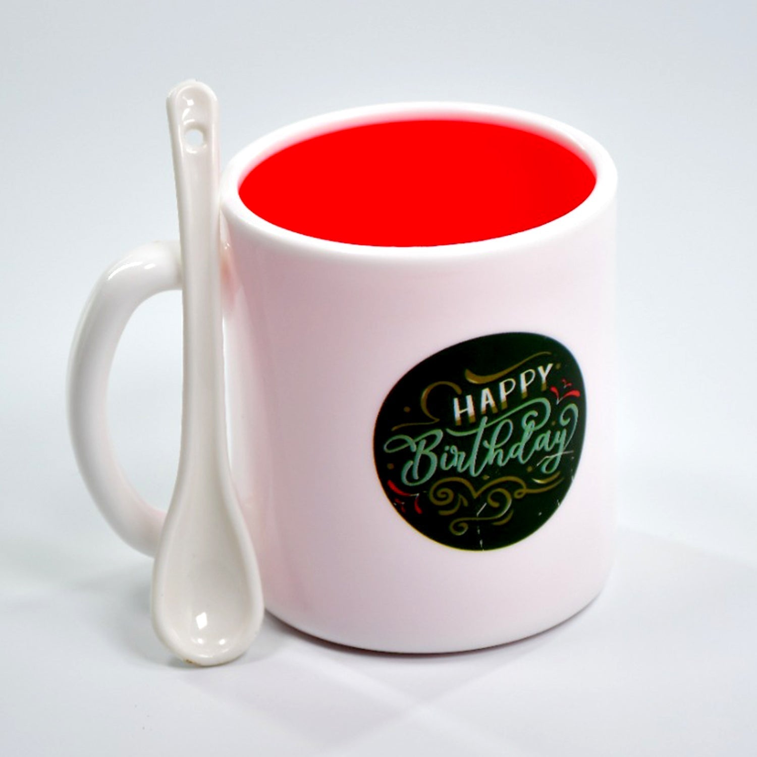 Front view of a white ceramic coffee mug with a captivating mixed design.