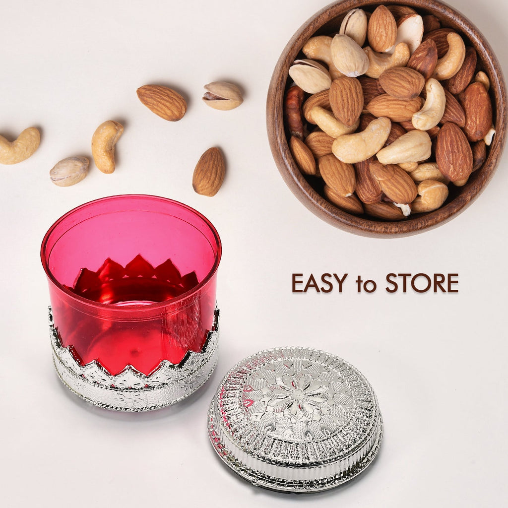 Transparent dry fruit container showcasing its diamond design.
