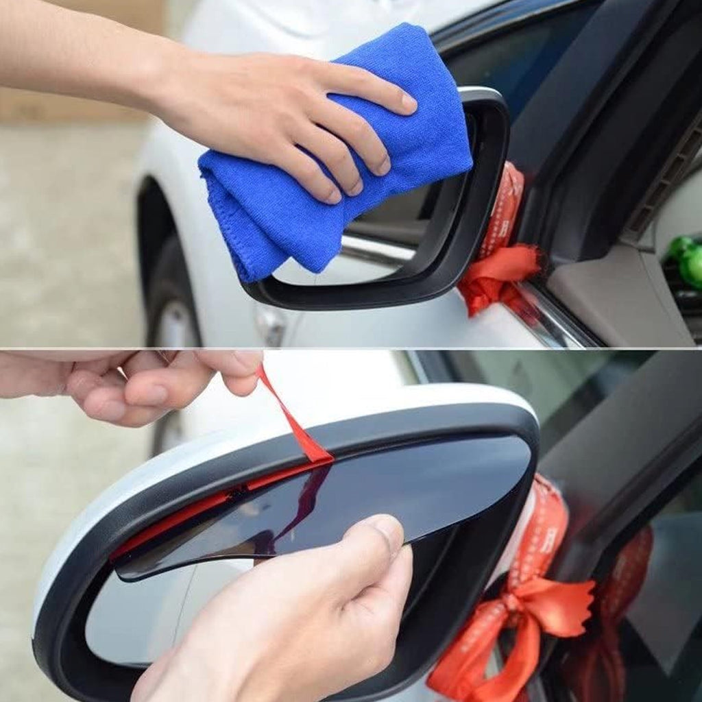 Detailed view of car mirror rain protector with strong adhesive backing.