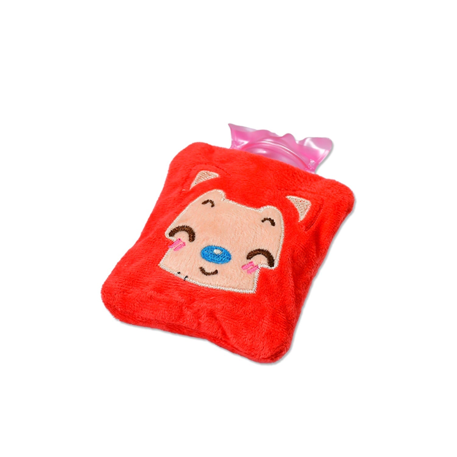 Mini hot water bag with a charming pink cat cover for comfort.