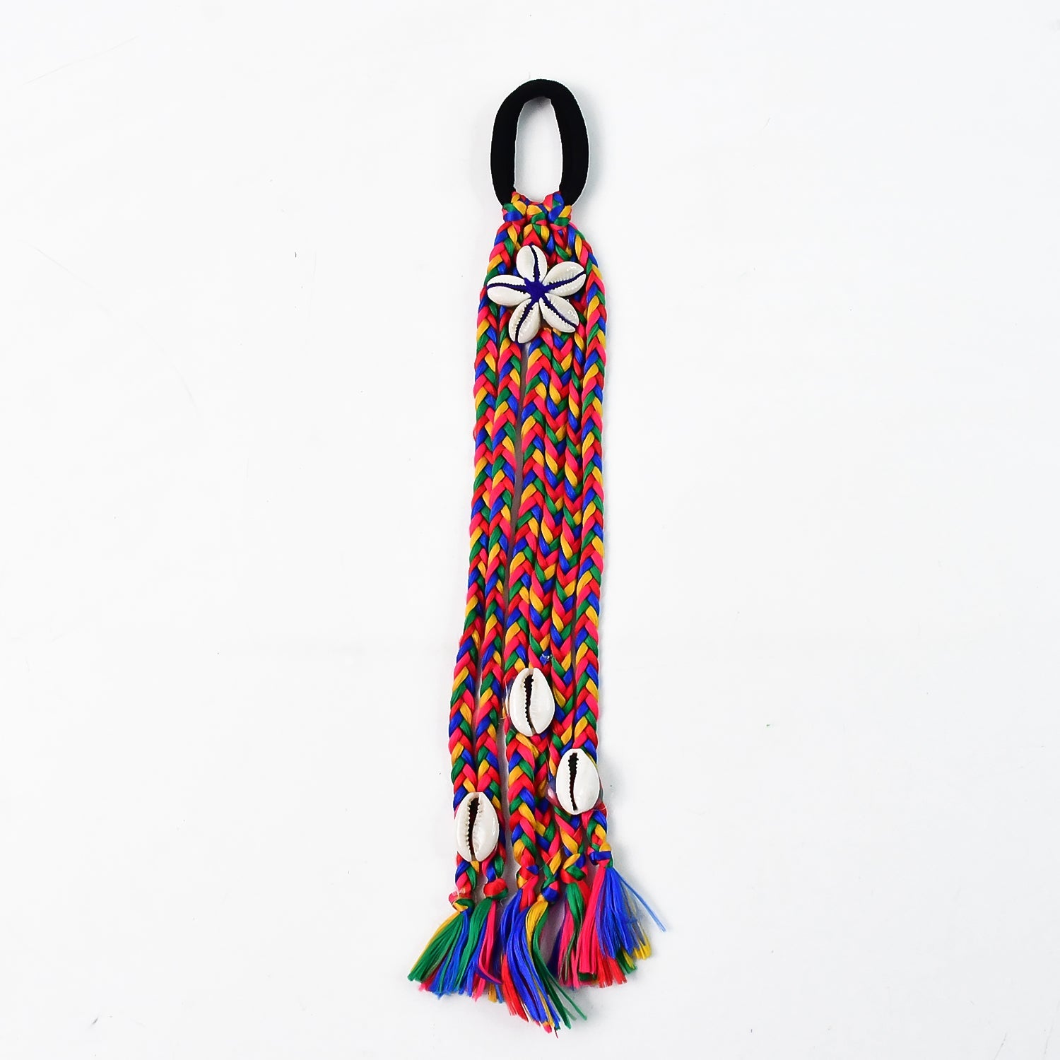 Hair accessory featuring braided fabric threads and shell embellishments