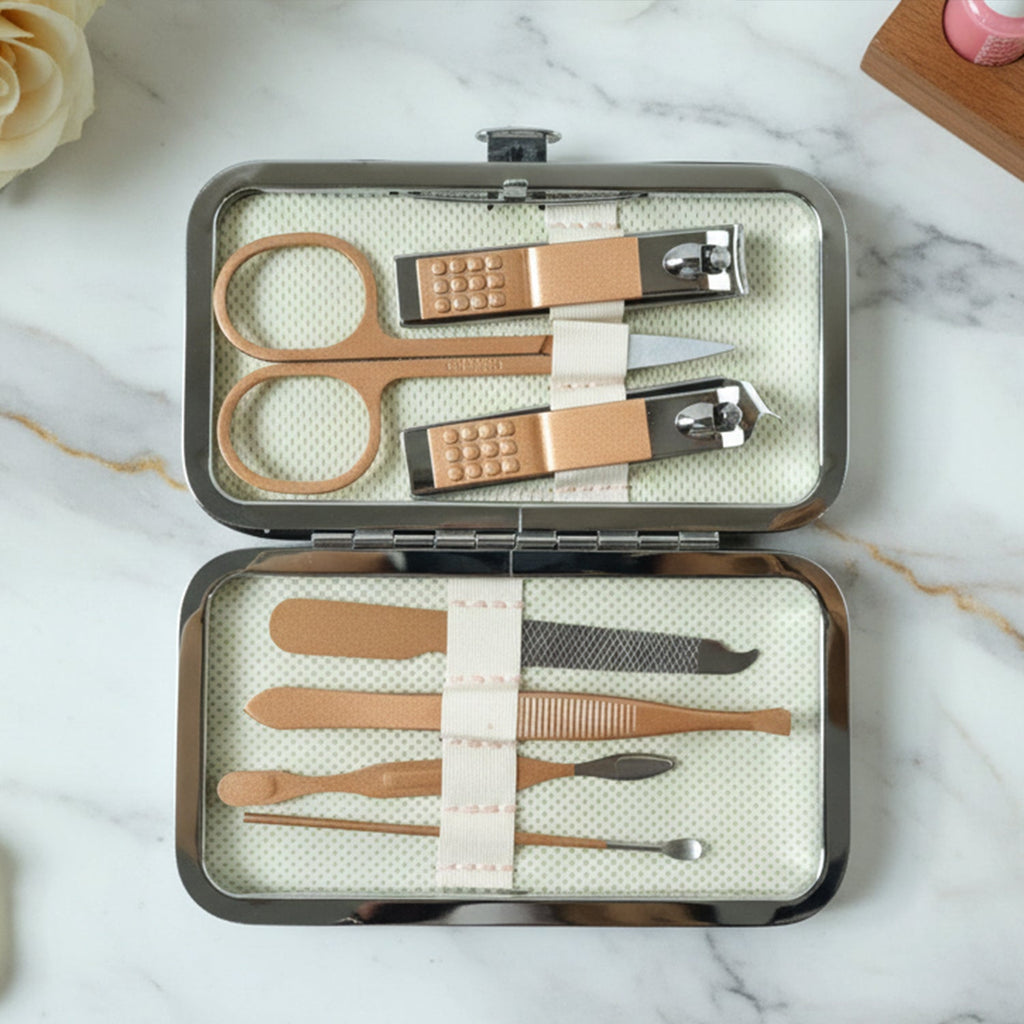 Nail grooming kit tools neatly organized in compact storage case