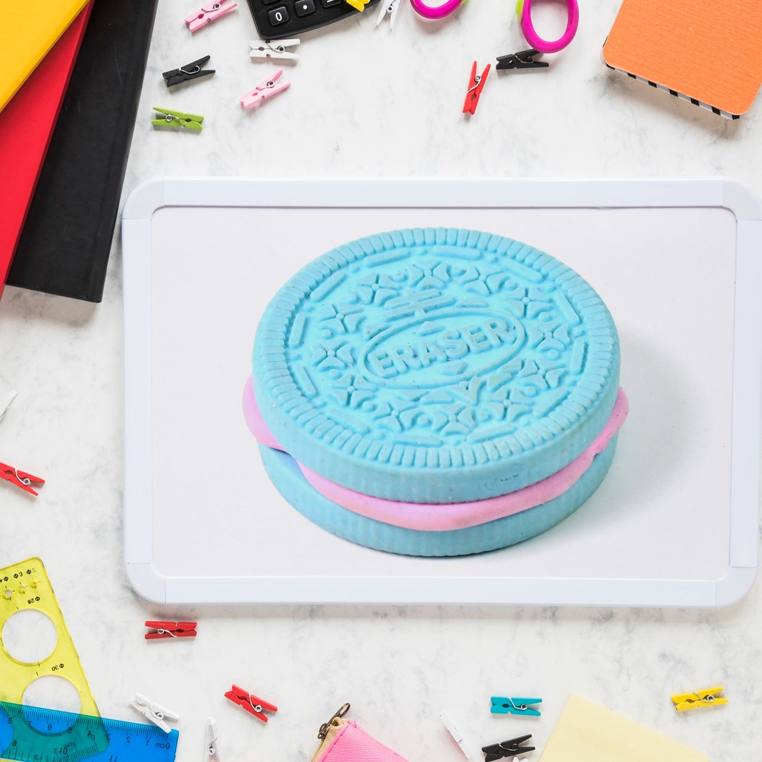Collection of charming biscuit erasers with different patterns and shapes.
