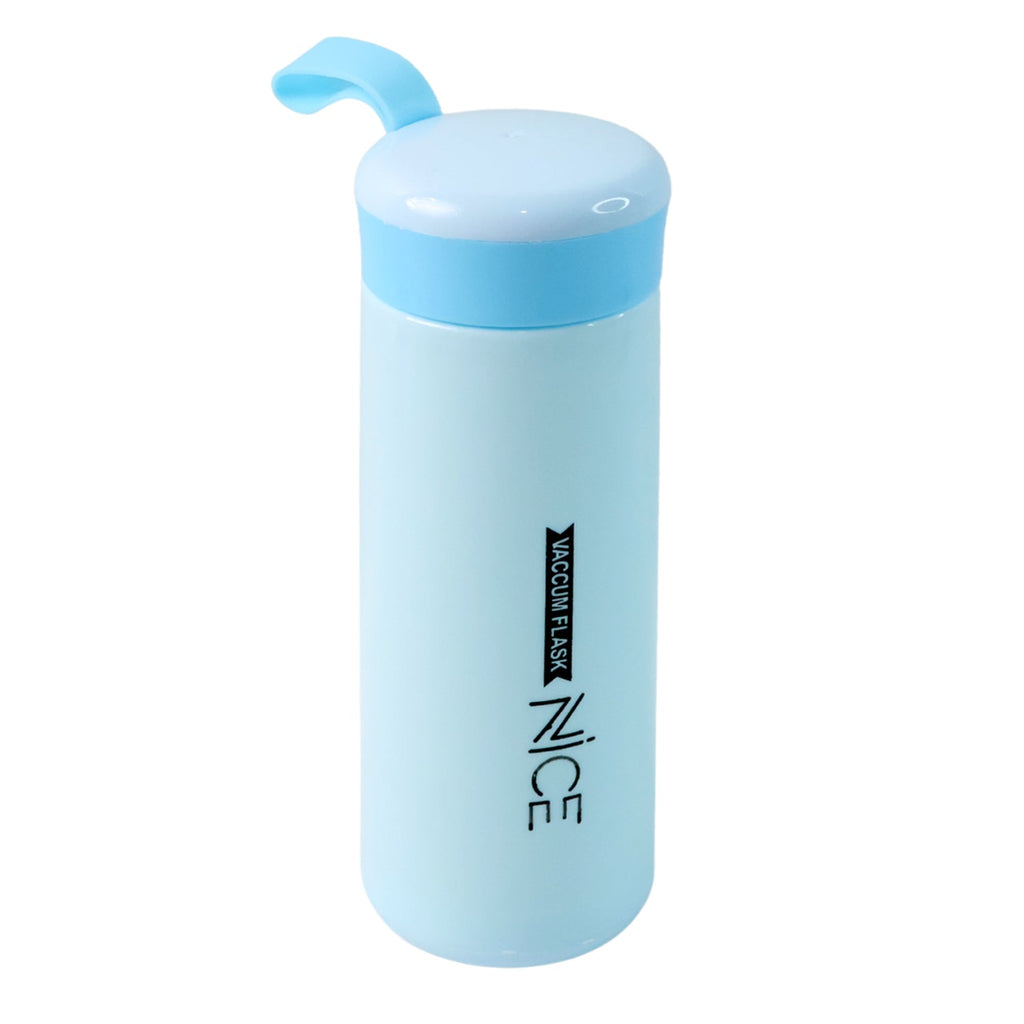 Side view of reusable plastic water bottle with blue lid