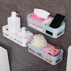 ABS plastic shower corner caddy with strong suction cup on tiled wall.