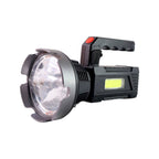 Long-range rechargeable USB LED torch with powerful front spotlight and broad side COB light