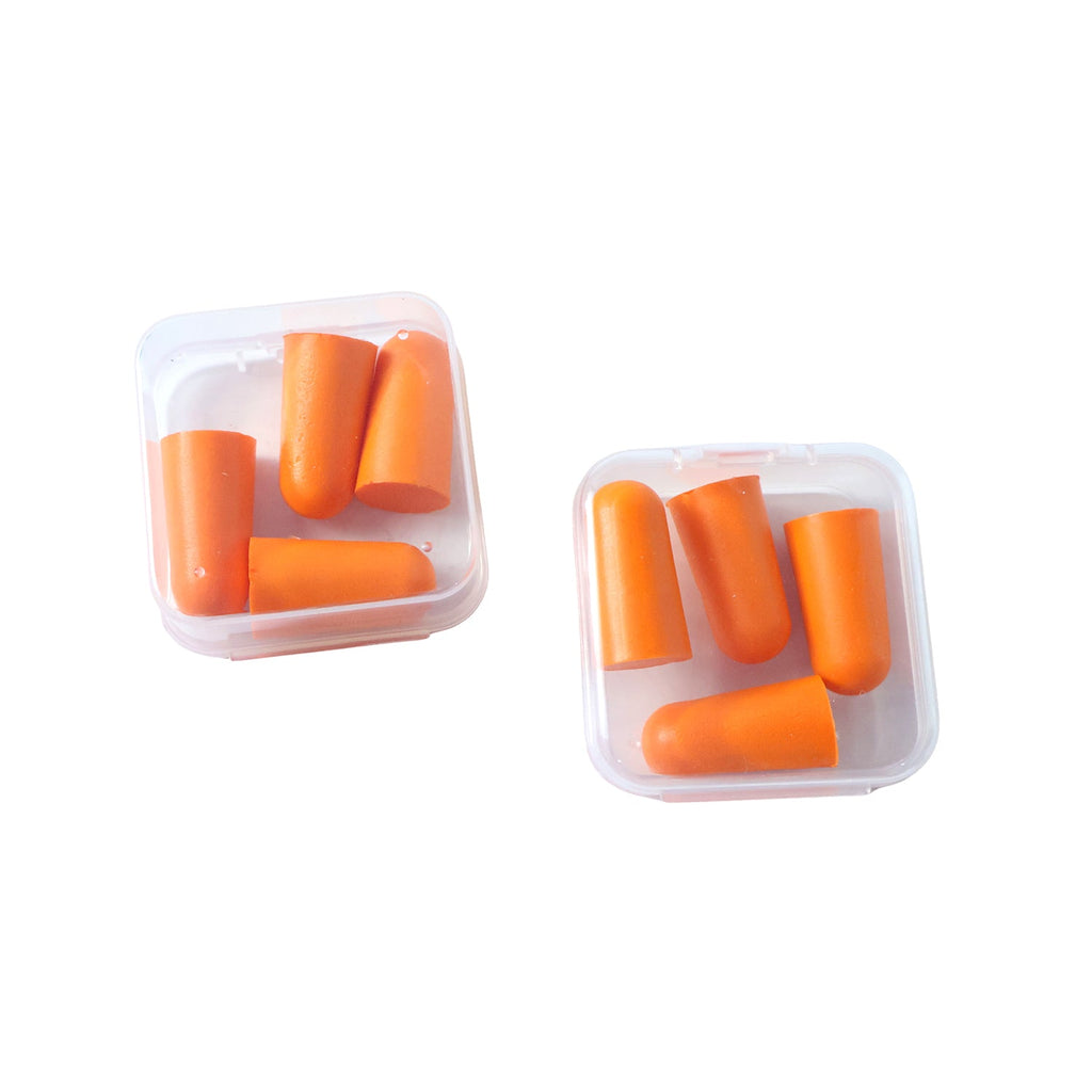 Close-up view of soft foam ear plugs with noise reduction features