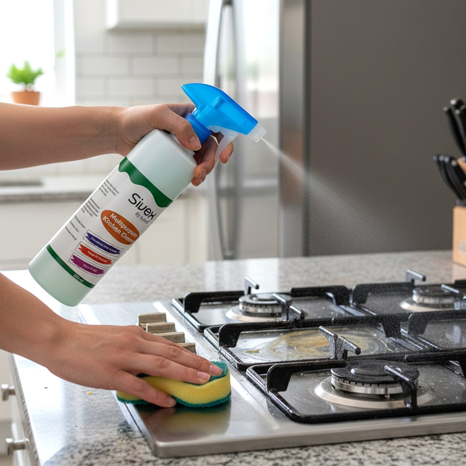 Kitchen cleaner spray bottle with white background showing label