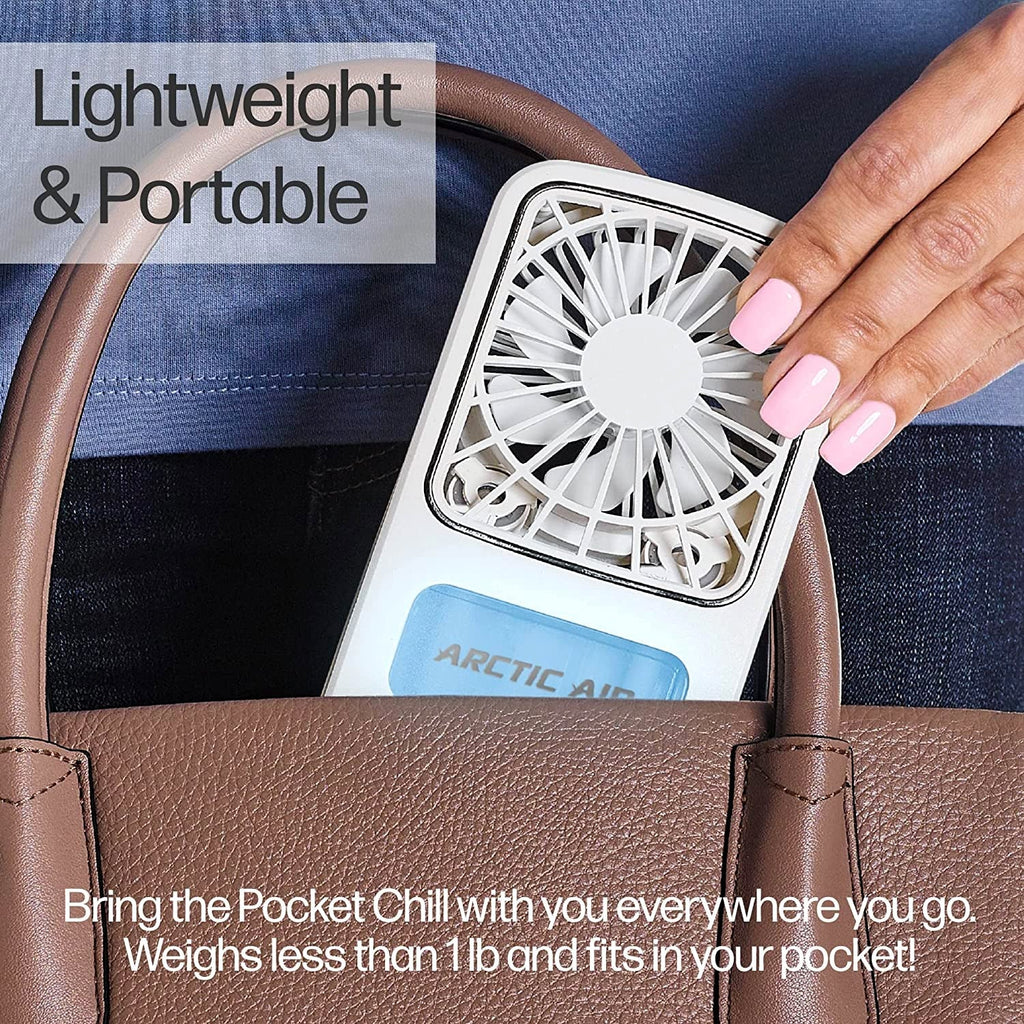 Woman smiling while wearing the Arctic Air Freedom portable personal air cooler.