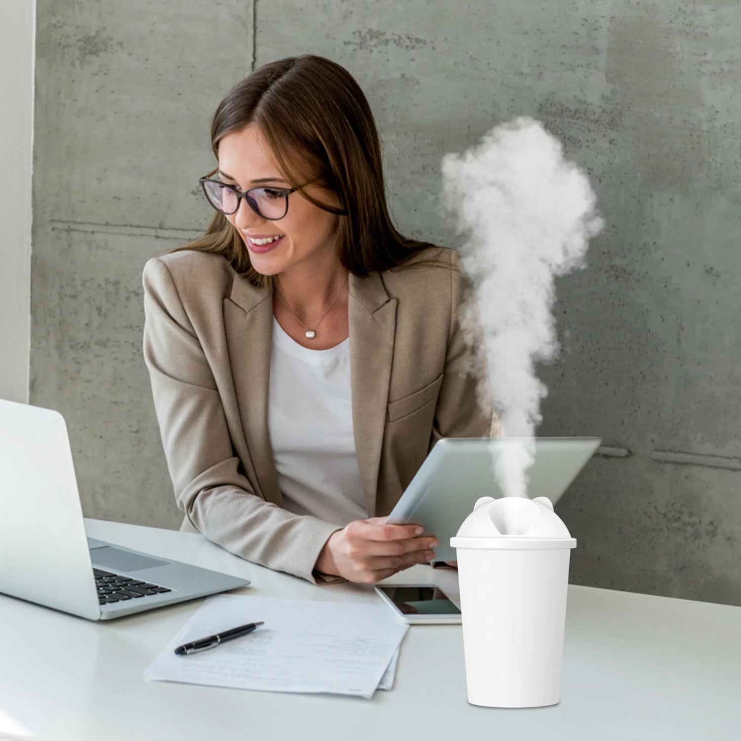 Portable USB humidifier showcasing its vibrant multicolor LED light feature.