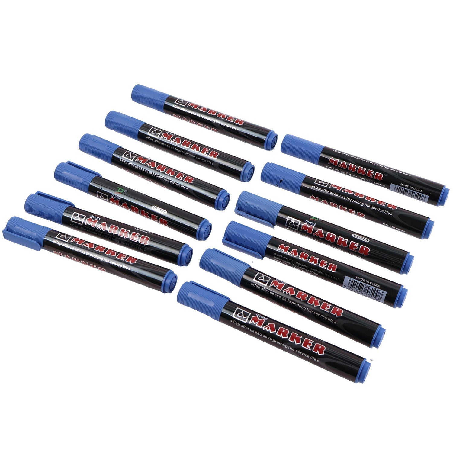 Blue permanent marker pens set with 12 pens in packaging