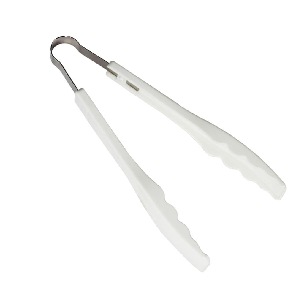Plastic handle kitchen tongs securely gripping a slice of bread.