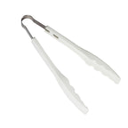 Plastic handle kitchen tongs securely gripping a slice of bread.