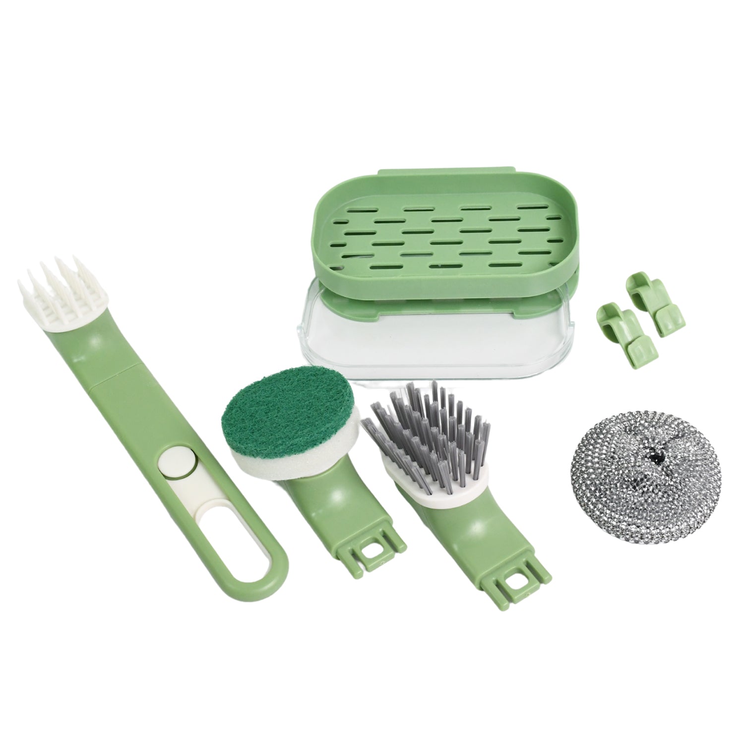 The complete 9-piece Dish Brush Set displayed with all its components for a smart kitchen cleaning routine.