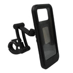 Waterproof bike phone mount with a smartphone inside, mounted on a bicycle for a ride.
