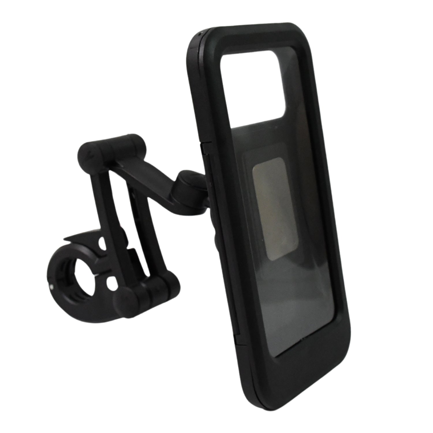 Waterproof bike phone mount with a smartphone inside, mounted on a bicycle for a ride.
