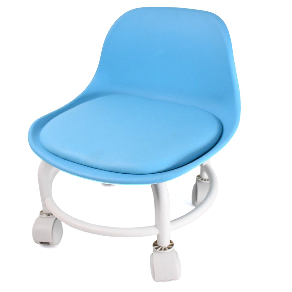 Close-up of smooth 360-degree swivel wheels on low rolling stool